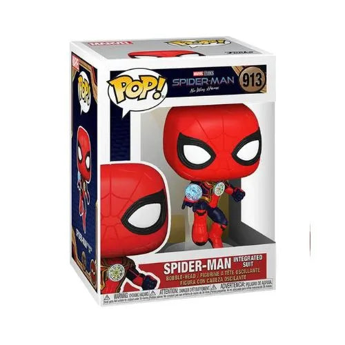 Figura Funko Pop de Spiderman con el traje integrado de la película No Way Home sobre un fondo blanco.