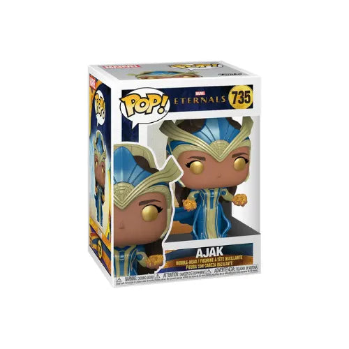 Figura Funko Pop de Ajak de la película de Marvel "Eternals", con su traje azul y dorado.
