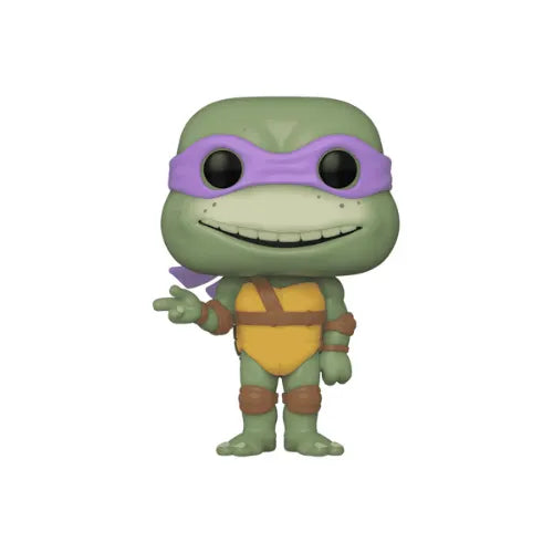 Vista frontal de la figura de vinilo de Donatello, la tortuga ninja inventora, con su antifaz morado.