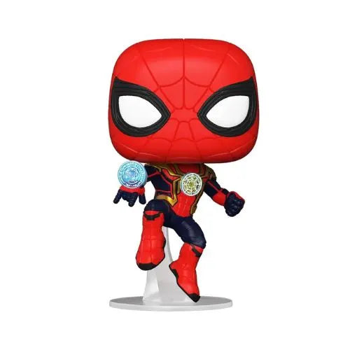 Vista frontal de la figura de vinil de Spiderman con su traje integrado, mostrando los detalles del pecho y la máscara.